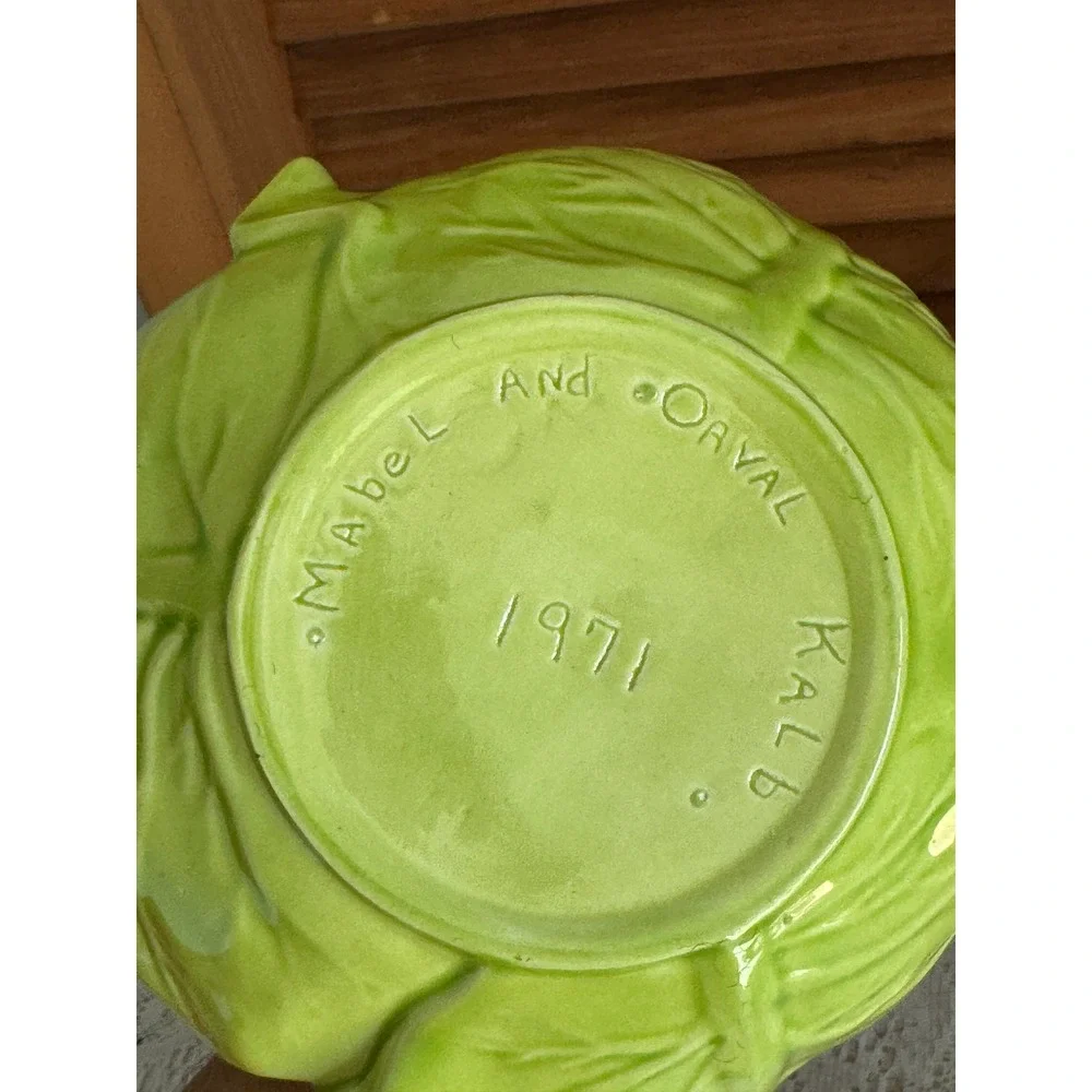 Vintage 1971 Mabel and Orval Kalb Ceramic Cabbage Tureen Green Leaf Lidded Bowl
